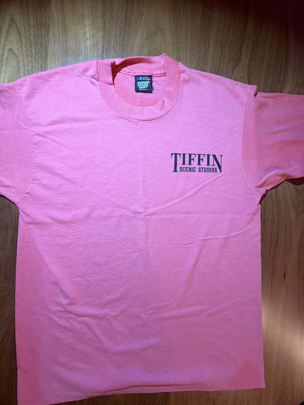 Screen Stars Tiffin Scenic Studios T-Shirt Size L Pink Vintage Graphic Tee